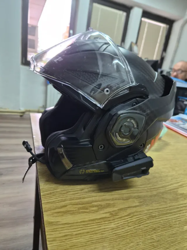 LS2 Advant-X Carbon helmet with side Bluetooth intercom unit