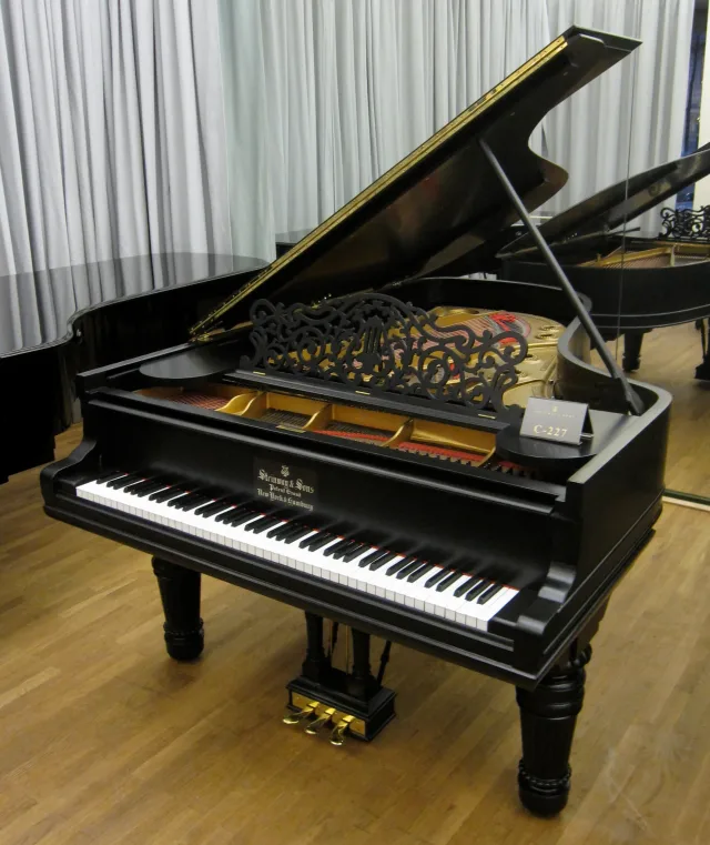 Black Steinway & Sons grand piano with open lid showing strings and plate, ornate music desk and gold pedals