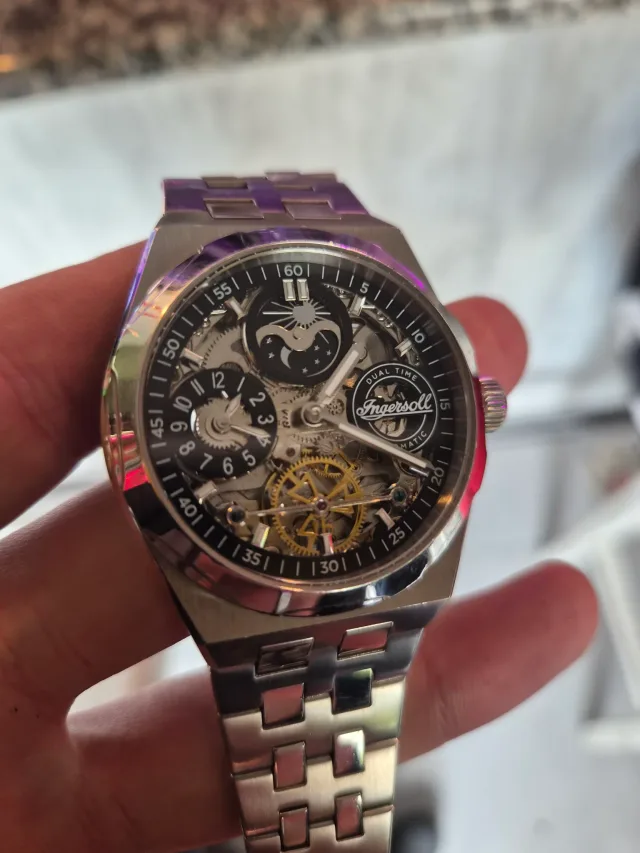 Ingersoll Dual Time automatic watch with skeleton dial and moon phase sub-dial